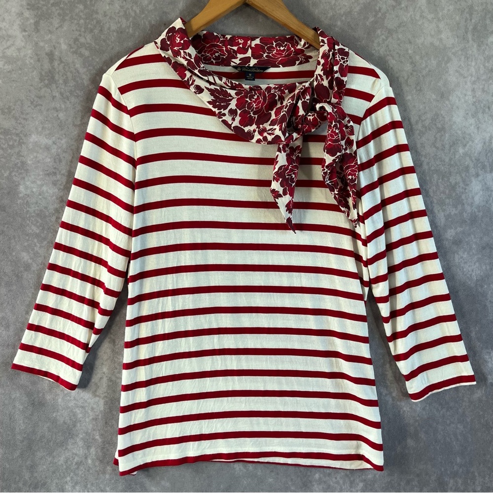Brooks Brothers Stripe Shirt Women Medium M Red White Attacked Floral Neck Scarf